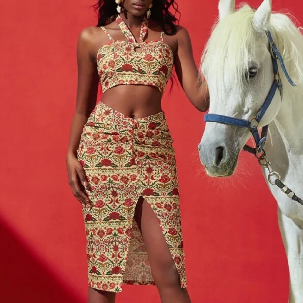 Floral Halter Crop Top & Slit Midi Skirt Set in Red Floral